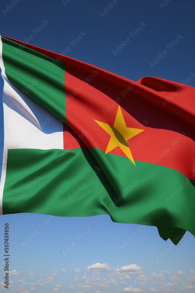 Poster a flag flying in the wind with a blue sky in the background with clouds in the background and a few 