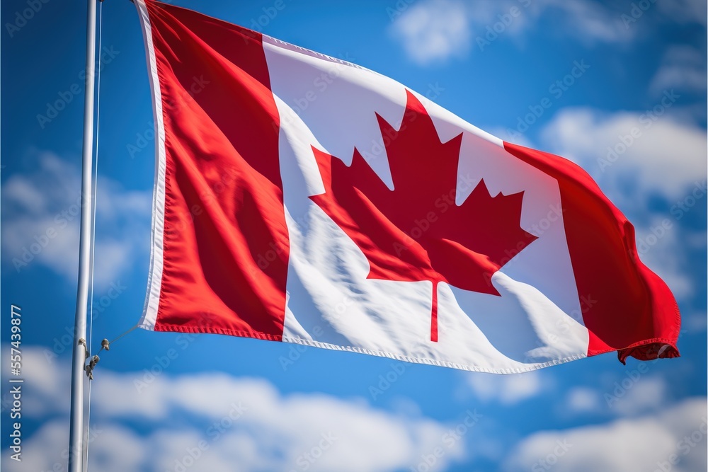 Poster a canadian flag flying in the wind with a blue sky in the background with clouds in the background a