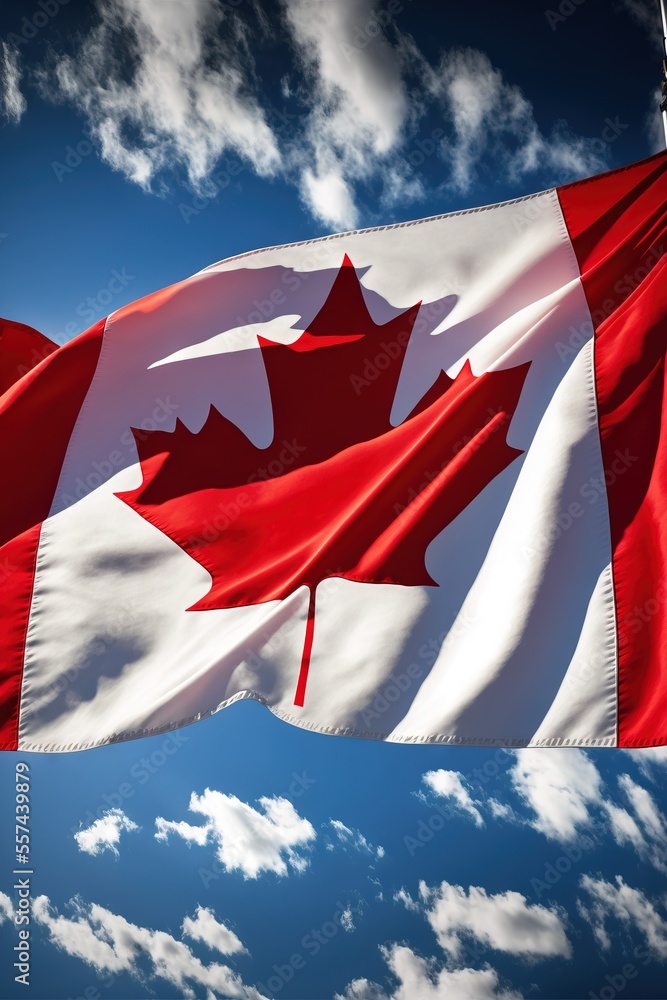 Poster a canadian flag flying in the sky with clouds in the background and a blue sky with white clouds and