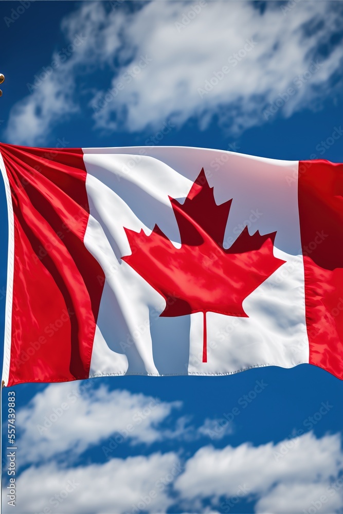 Poster a canadian flag flying in the wind with a blue sky in the background with clouds in the background a