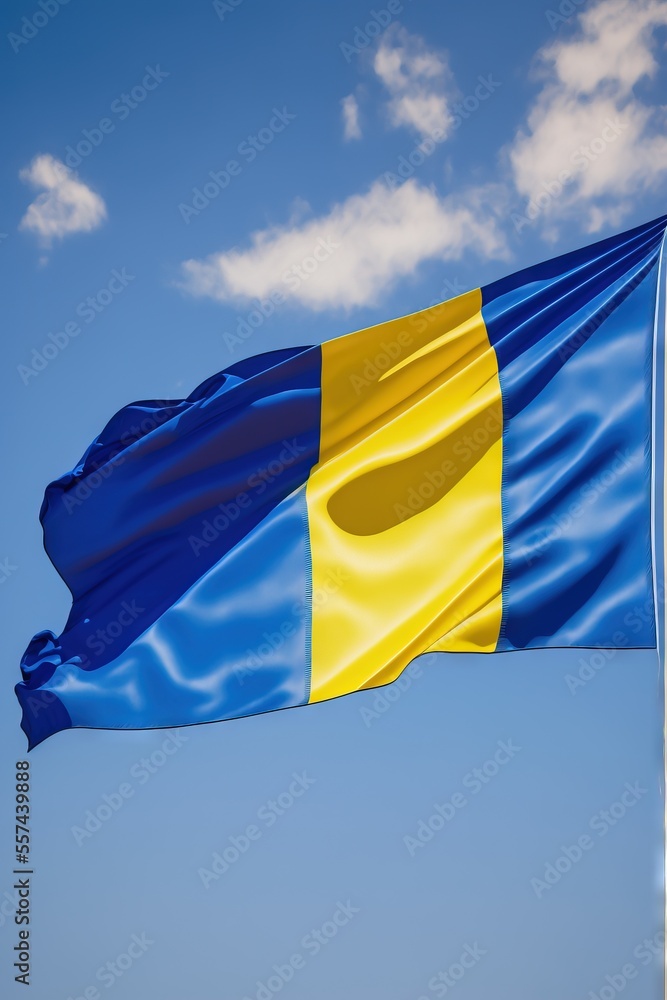 Poster a flag flying in the wind on a clear day with a blue sky in the background and a few clouds. generat