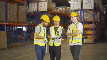 Teamwork of workers working in large warehouse retail store industry.Rack of stock storage. Interior of cargo in ecommerce and logistic concept. Depot. People lifestyle. Shipment service for container