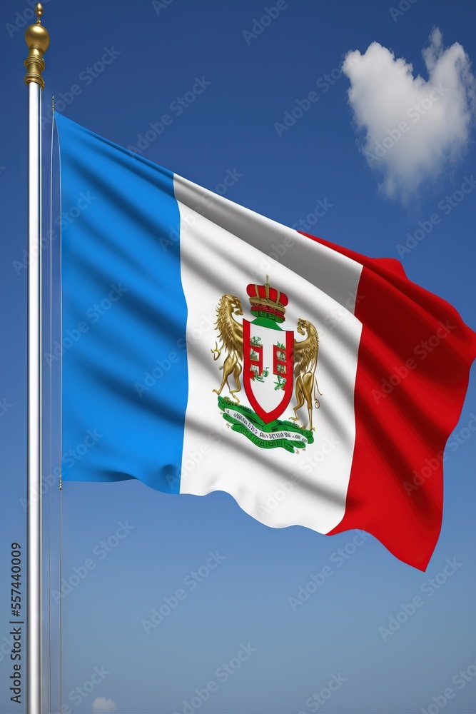 Poster a flag flying in the wind with a blue sky in the background and clouds in the sky behind it. generat