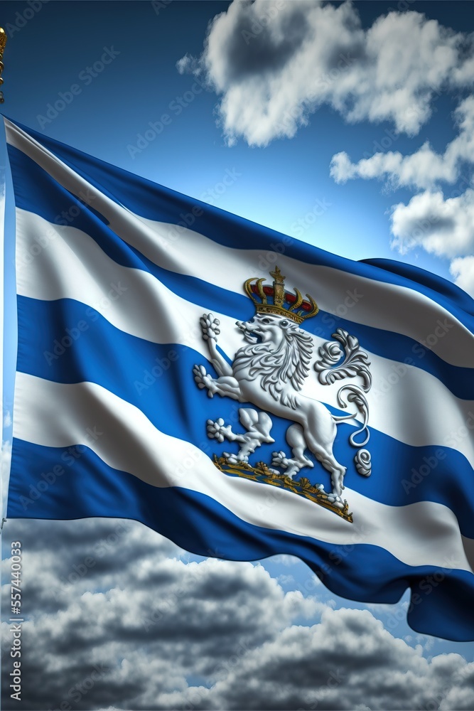 Poster a flag flying in the wind with a cloudy sky behind it and a light house in the background with a blu
