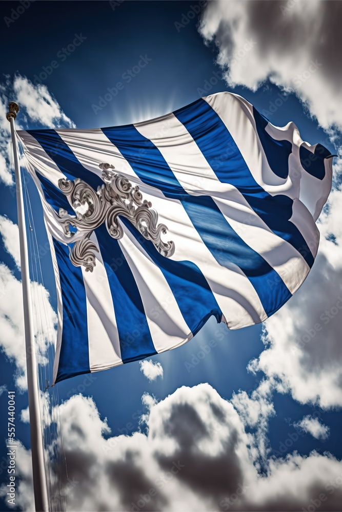 Poster a blue and white flag flying in the sky with clouds in the background and sun shining through the cl