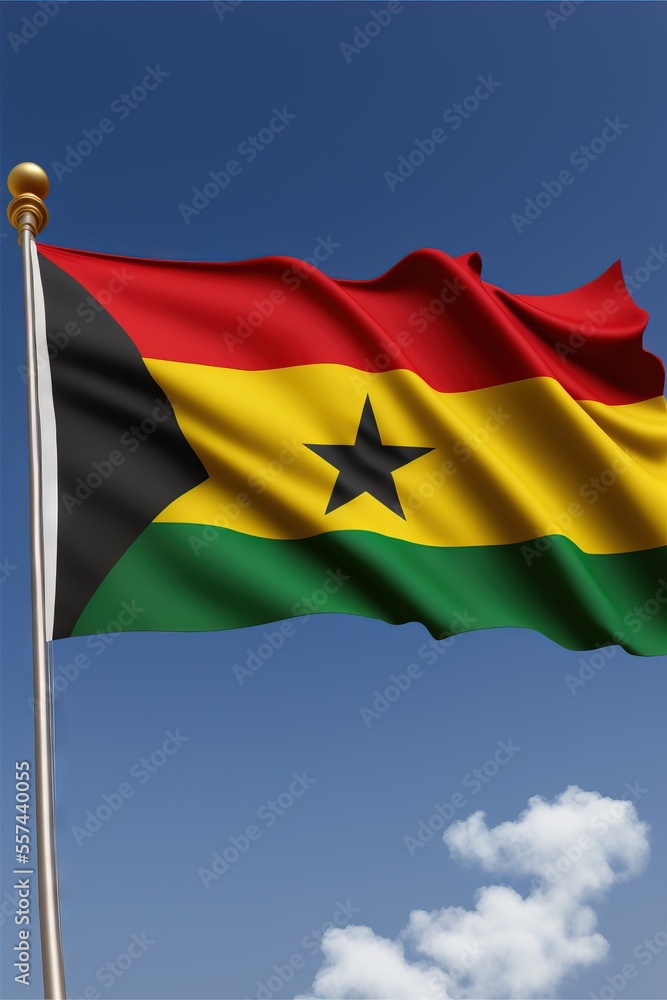 Poster a flag flying in the wind with a blue sky in the background with clouds in the foreground and a star