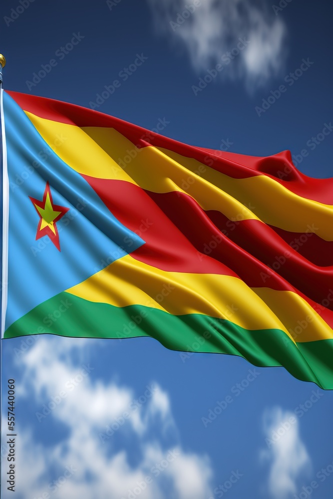Poster a flag flying in the wind with a blue sky in the background with clouds in the foreground and a star