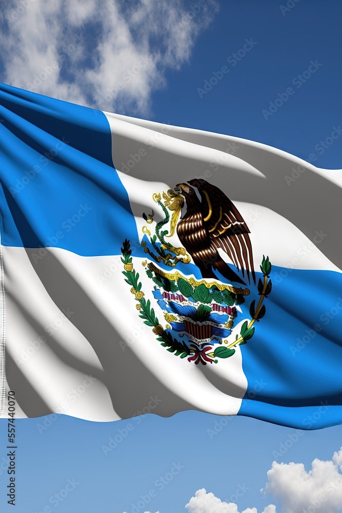 Poster a flag flying in the wind with a blue sky in the background and clouds in the foreground. generative