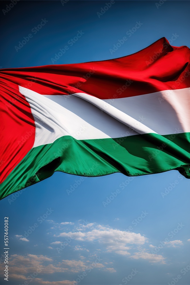Poster a large flag flying in the air with a blue sky in the background and clouds in the background. gener