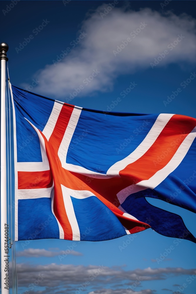 Poster a flag flying in the wind with a blue sky in the background and clouds in the background. generative