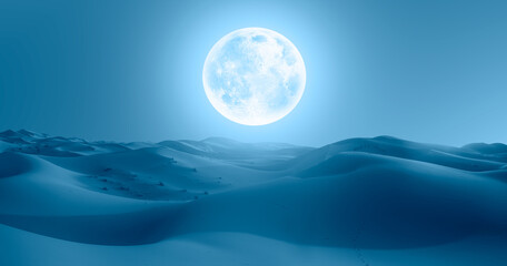 Beautiful landscape with sand dunes in the Sahara desert super blue full moon in the background-...