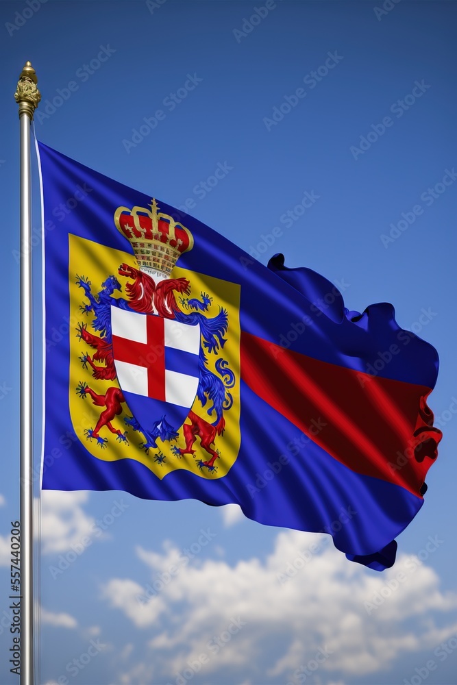 Poster a flag flying in the wind with a blue sky in the background and clouds in the background. generative