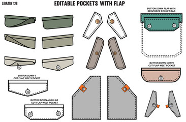 SET OF DIFFERENT KIND OF FLAP POCKETS FOR CLOTHINGS AND APPARELS,  SINGLE WELT FLAP, DOUBLE WELT FLAP POCKET FOR TROUSERS, JACKETS, CHINOS AND CARGOS IN EDITABLE VECTOR