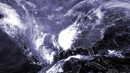 Satellite weather map over North America overlayed with atmospheric pressure field. Satellite data provided by EUMETSAT.