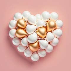 Heart shaped white and golden balloons on pink background. Valentine day card background. Love concept. Wedding greeting card. Generative ai. 