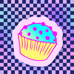 Cupcake. Vector illustration over chequer pattern background. Pin, patch design.