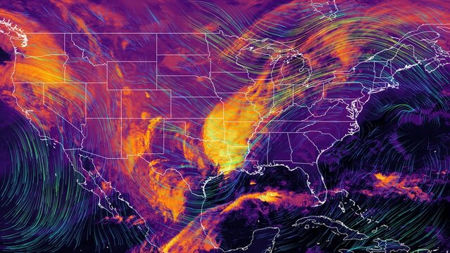 Satellite weather map over North America overlayed with wind streamlines. Satellite data provided by EUMETSAT.