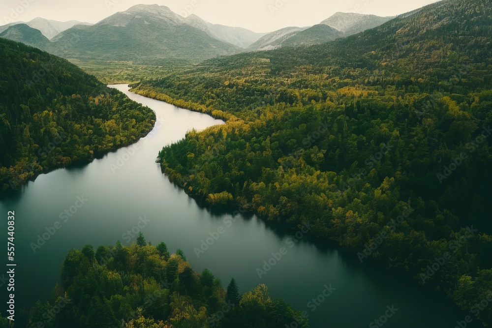 Poster a river surrounded by trees in a forest next to mountains and a forest filled with trees and bushes.