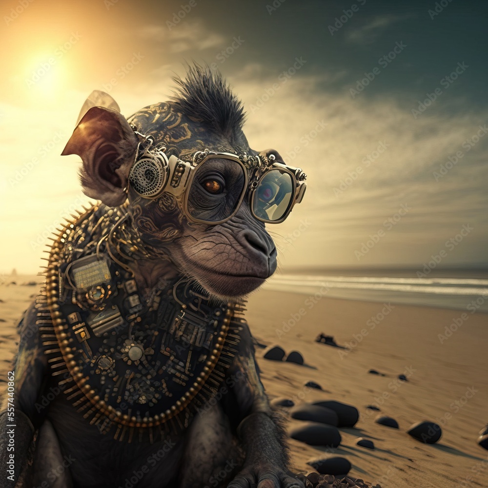 Poster a monkey wearing a helmet and goggles on a beach with rocks and a sky background with a sun. generat