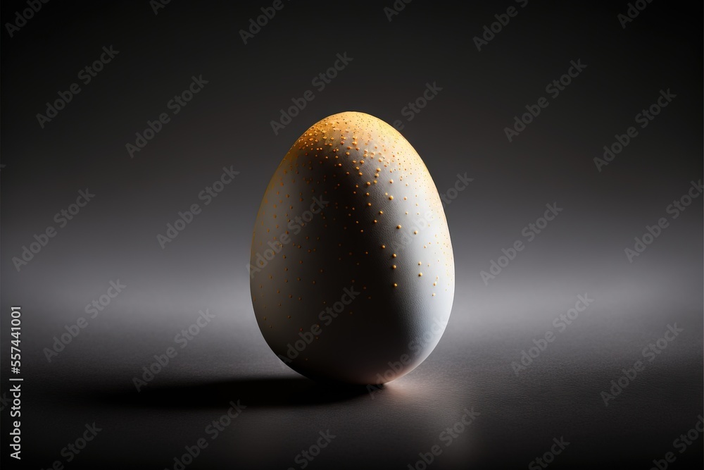 Poster a white egg with gold speckles on it's side on a black background with a shadow. generative ai