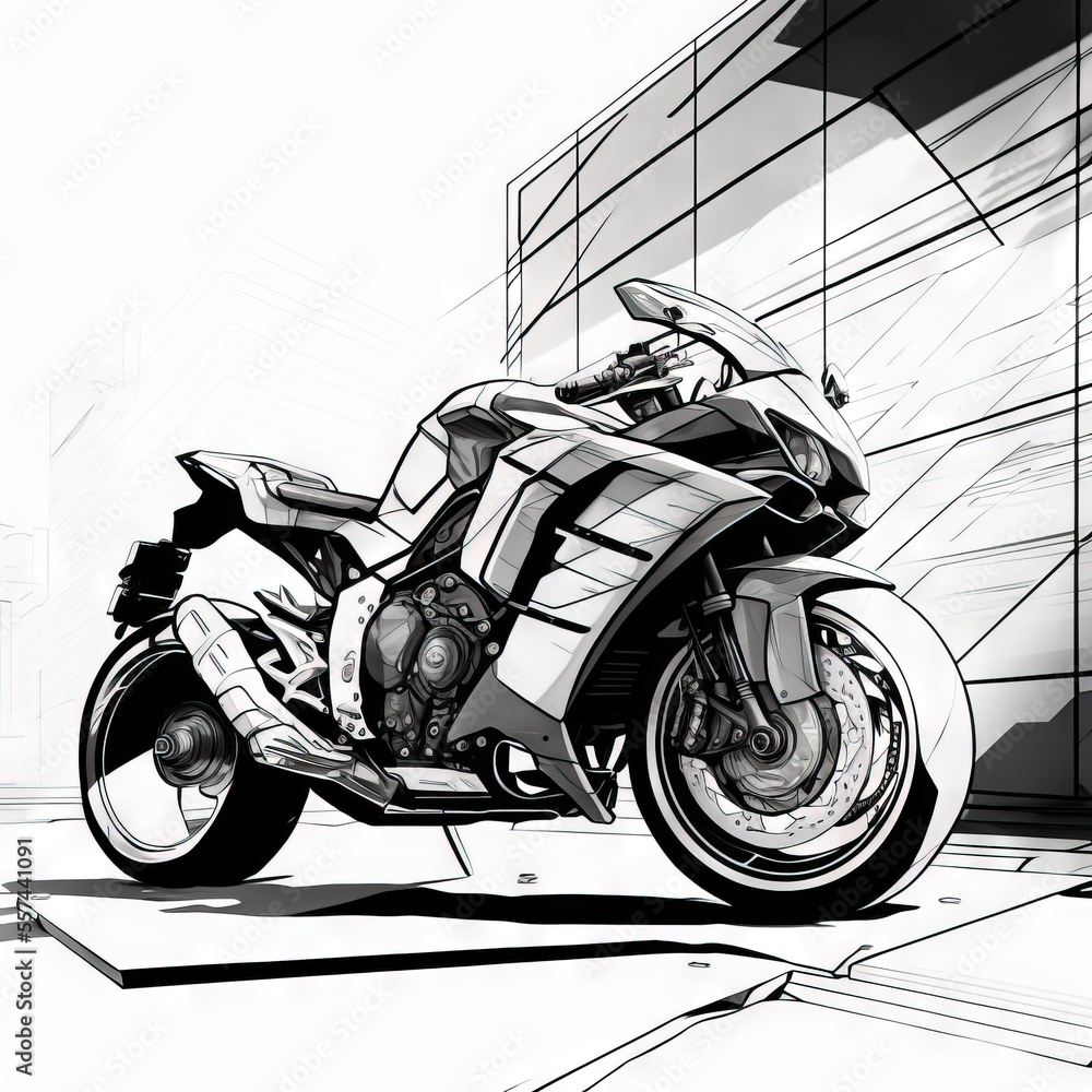 Poster a drawing of a motorcycle parked in front of a building with a building in the background and a buil