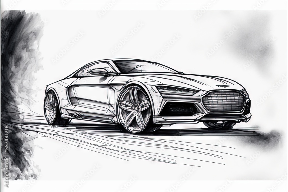 Poster a drawing of a car on a white background with a black background and a black and white background wi