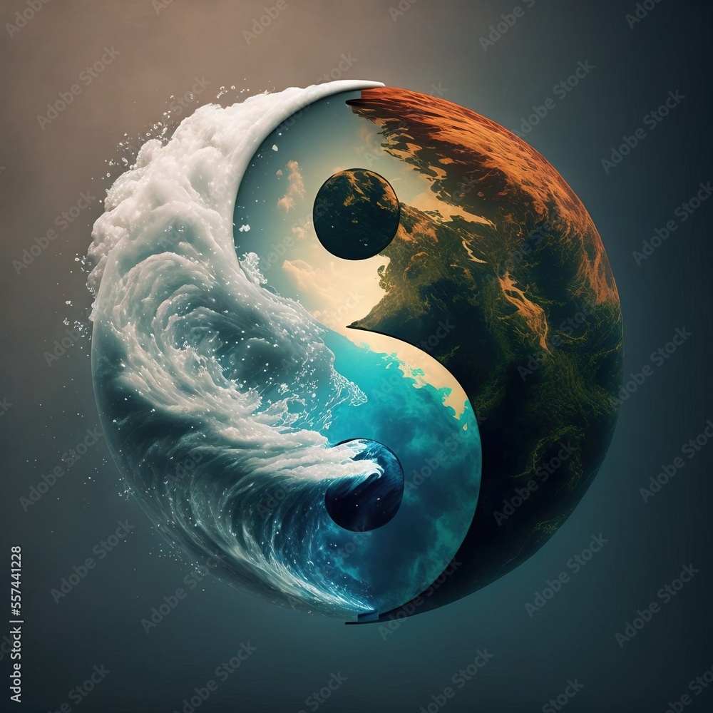 Poster a yin - yang symbol with a wave in the middle of it and a planet in the background with a sky and cl