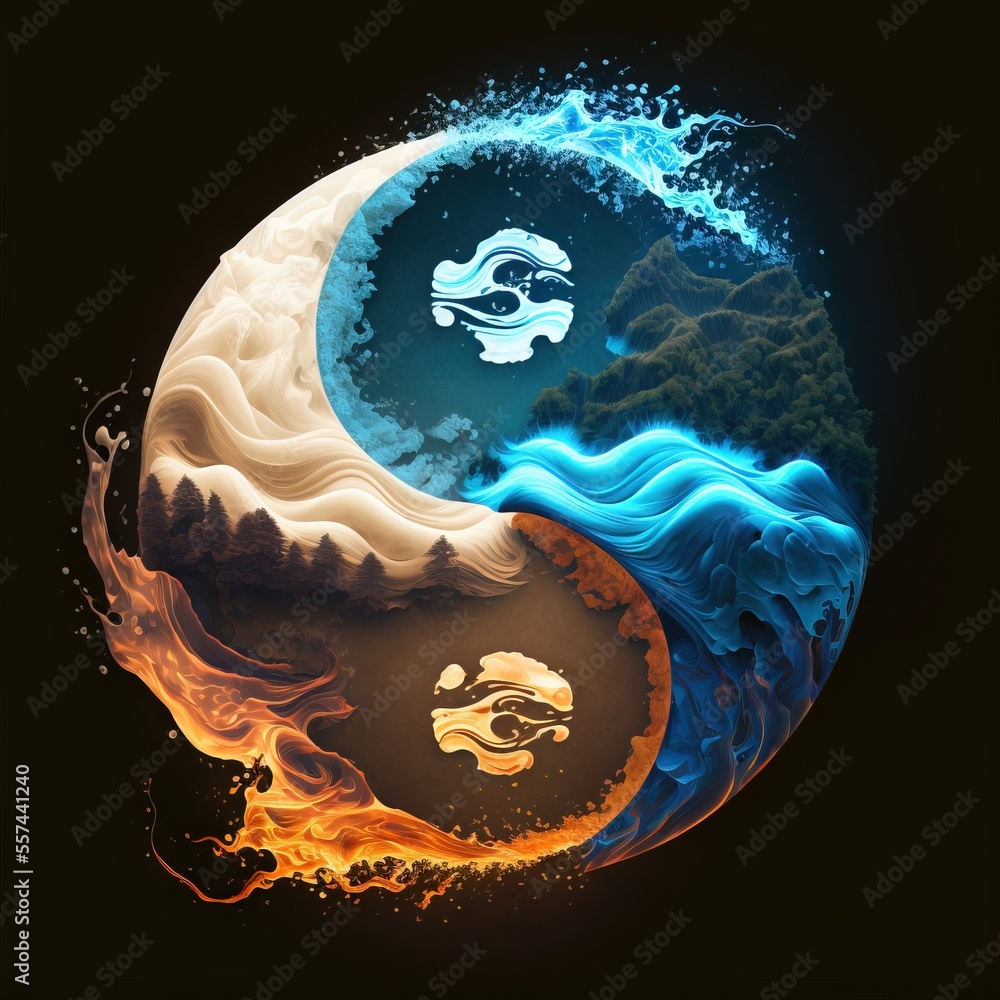 Poster a painting of a yin - yang with a mountain and a wave in the background. generative ai