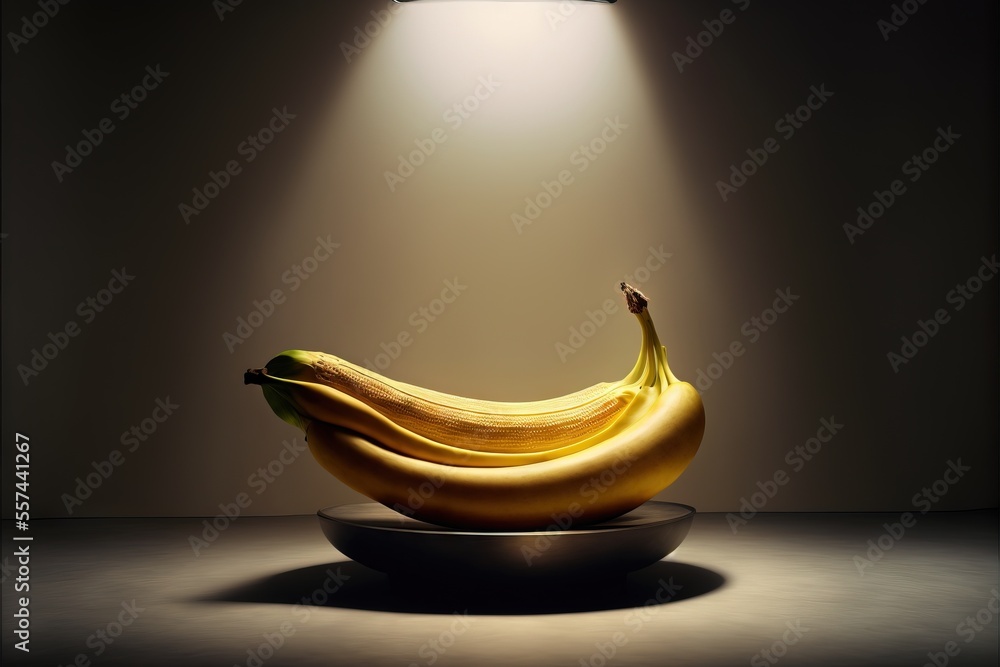Poster a banana sitting on a plate under a light that is on a table top with a lamp on it. generative ai