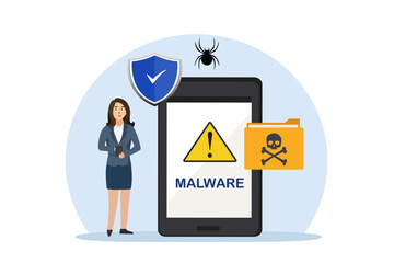 Businesswoman with malware attack on mobile phone