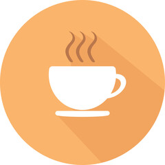 Cup of coffee flat icon. Hot coffee. Cup in a yellow circle background with shadow. Suitable for logo. Simple flat design. Vector art
