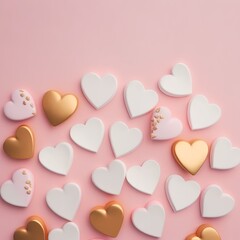 Flat lay out, golden and white hearts on pastel pink background. Love and romance concept. Valentine day card. Generative ai. 