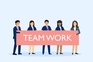 group of business people holding a banner with teamwork text