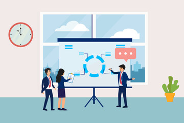 Business people in a meeting while standing in the office room, flat design illustration