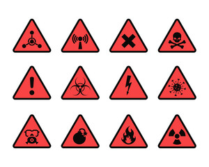 Obraz premium Danger warning alert triangles. Sign radiation hazard, danger zone warning, danger message high voltage, nuclear radiation caution.