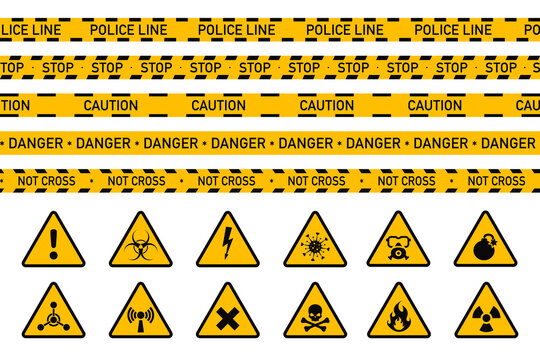 Danger warning ribbon and sign, yellow alert triangles and ribbon. Caution tape set, restricted access, safety and hazard stripes, alert symbols. Attention, poison, high voltage, radiation, biohazard.