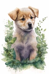 cute puppy sitting, leaf, watercolor, illustration
