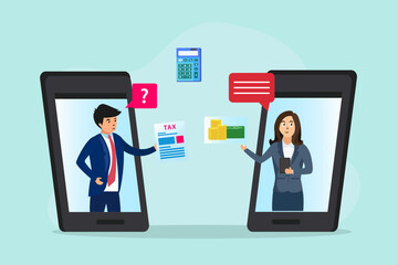 Businessman consulting tax on online consultant in mobile phone application, flat design illustration