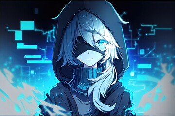 Female hacker. Cyberpunk techie with modern anime style to look like Japanese cartoons with 2D cel shading and futuristic blue background - obrazy, fototapety, plakaty