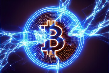 Colorful electric Bitcoin logo. Cryptocurrency and blockchain power web3, and this bright, colorful coin outline represents the power of decentralize