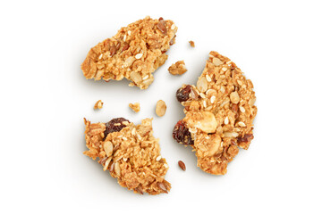 Granola cookie isolated on white background with full depth of field. Top view. Flat lay.