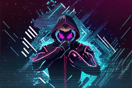 Female hacker. Cyberpunk techie with modern anime style to look like Japanese cartoons with 2D cel shading and futuristic blue background