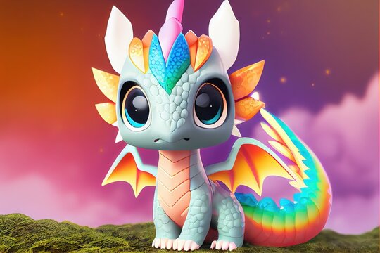 A mythical rainbow dragon generated in a 3D style in a variety of colors. Generative AI image in modern animation style. This dragon is polychromatic