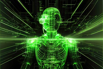 Person made of colorful data in the virtual reality metaverse created by generative AI. Digital image made to represent futuristic technologies.