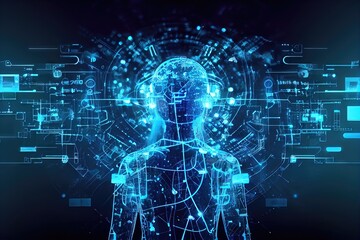 Fototapeta premium Person made of colorful data in the virtual reality metaverse created by generative AI. Digital image made to represent futuristic technologies.