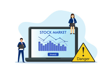 Fototapeta premium Business chart of stock market on the laptop screen with business people and warning sign