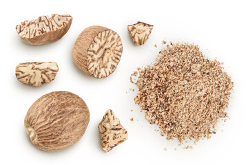 Whole and grated nutmeg isolated on white background with full depth of field. Top view. Flat lay