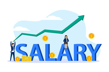 Salary word with business people and growth arrow, flat design illustration