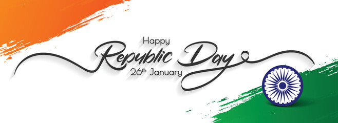 Happy Republic Day with 26 Janurary Text Banner Template, Republic Day Typography and Modern Vector Calligrphy Design. Tri Color India Flag with 3D Ashoka Wheel Decorated Background Design