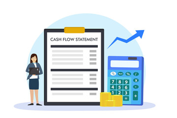 Cash flow statement document on a clipboard with businesswoman and calculator
